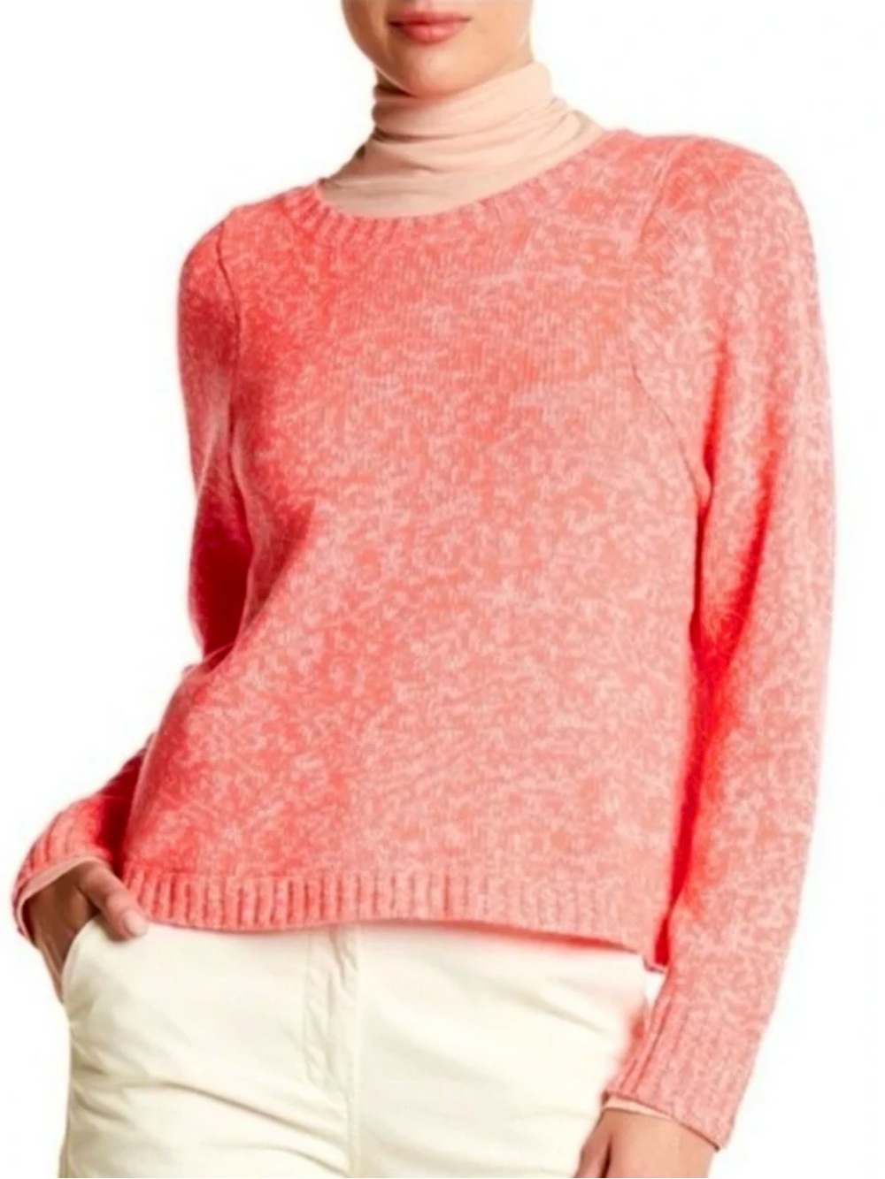 J. Crew Collection Italian Cashmere Marled Coral Red & Cream Crewneck Sweater, S